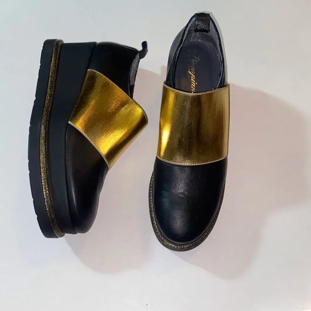 Piampiani Made In Italy Chic Black and Gold Women's Loafers Size 39